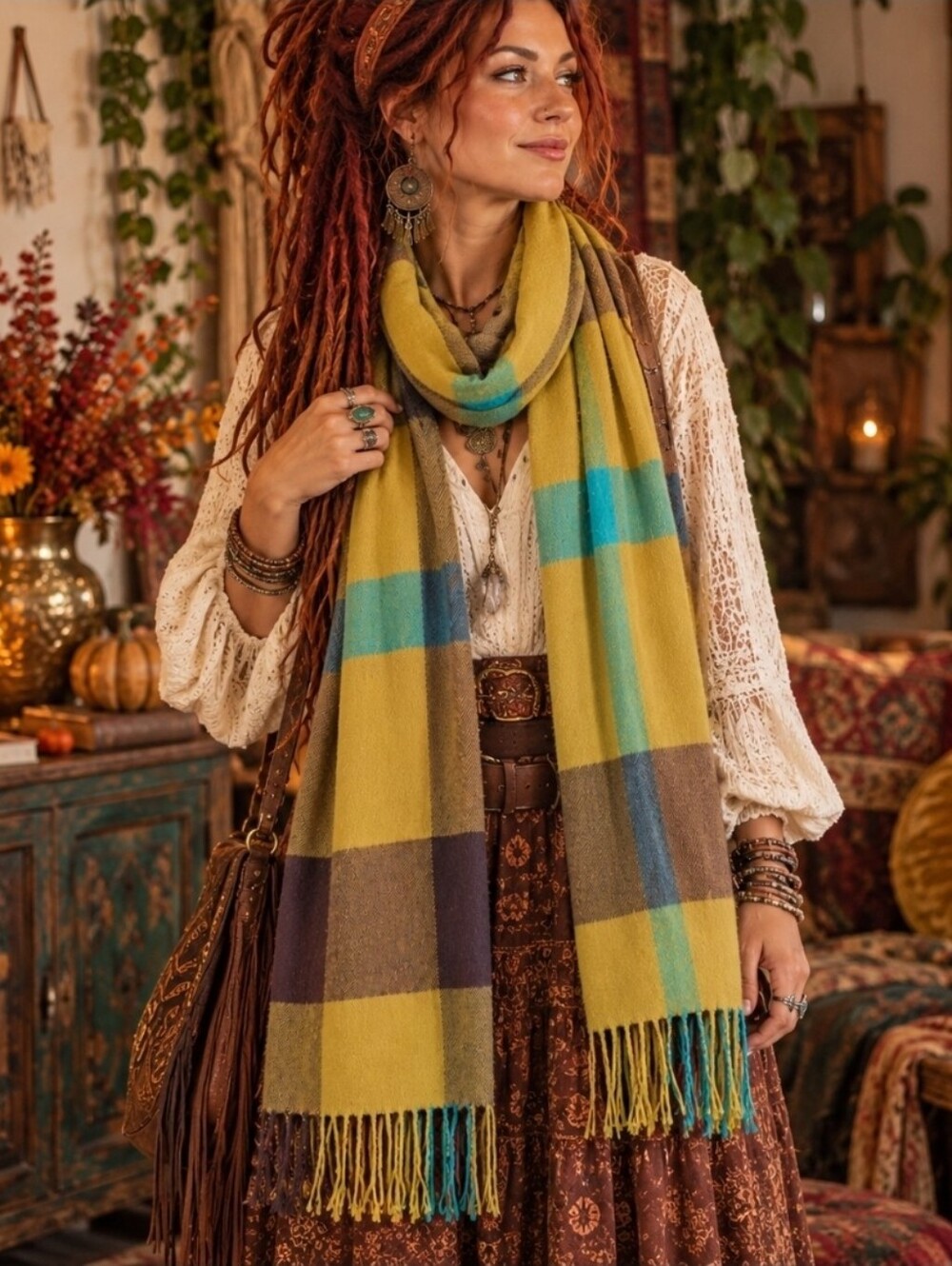 4/$15 Oversized Plaid Fringe Scarf Mustard Teal Brown Boho 70s Cottagecore Fall